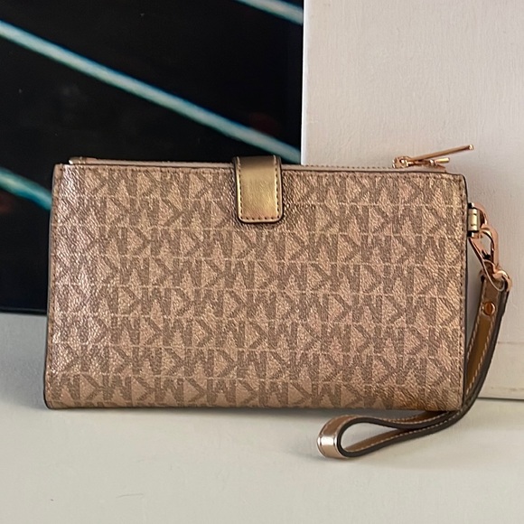 Michael Kors Jet Set Travel Large Double Zip Leather Wristlet Wallet Rose Gold - Picture 2 of 6